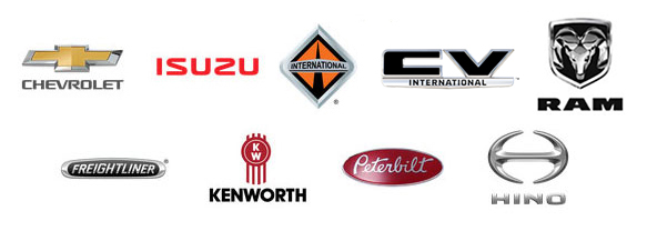 Chevrolet, Isuzu, International, CV International, RAM, Freightliner, Kenworth, Peterbilt, and Hino